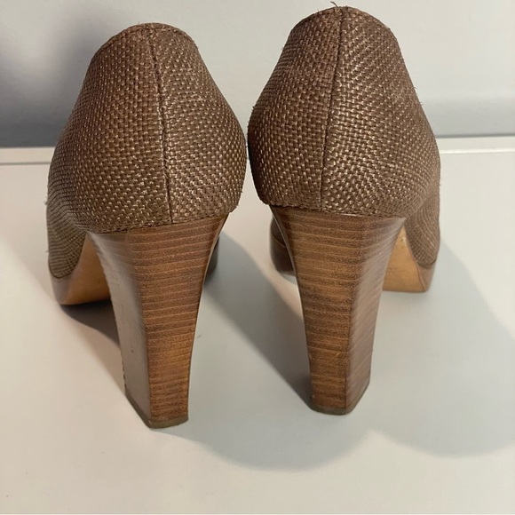 Sergio Rossi Brown Pearlized Linen Fabric Open Toe Heel Slip On Pump  Shoe Sz 36 - Picture 8 of 10